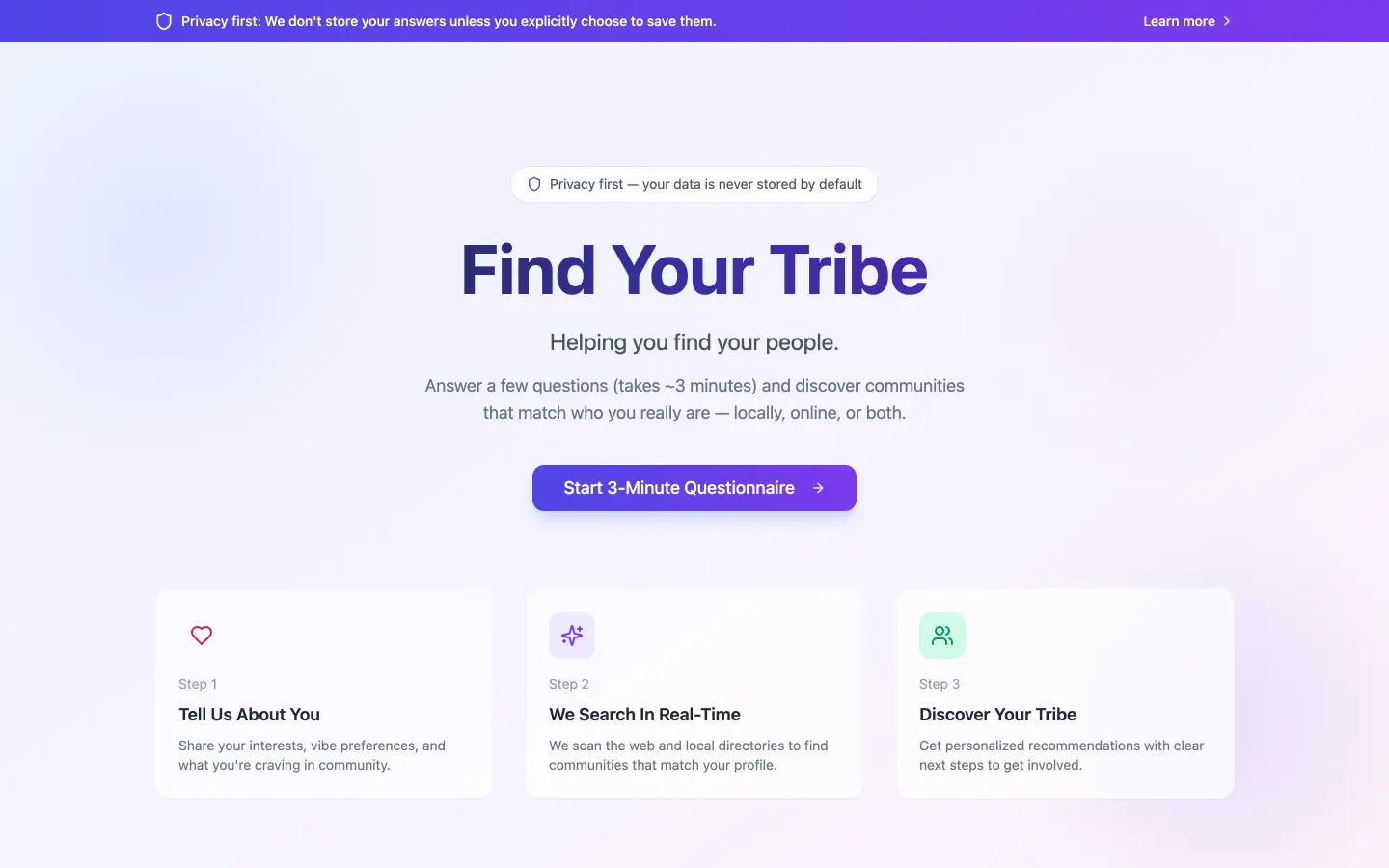 Find My Tribe on a desktop screen